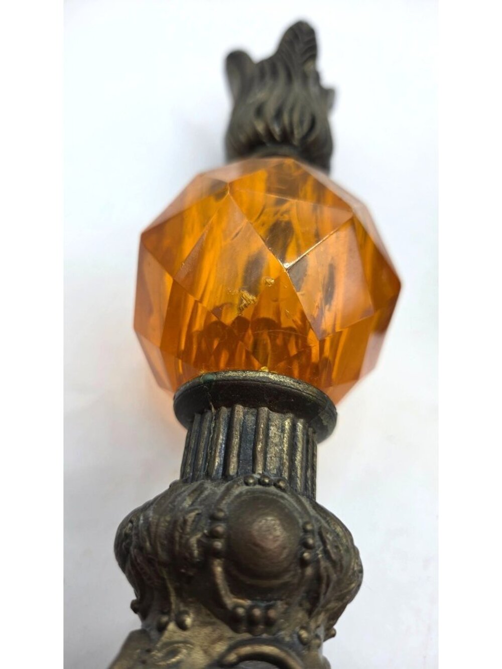 Vtg Hollywood Regency Cast Metal Amber Glass Candle Holders Pair Tulip Top 8" - Picture 8 of 12
